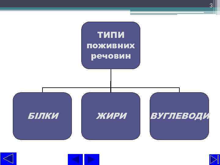 3 ТИПИ поживних речовин БІЛКИ ЖИРИ ВУГЛЕВОДИ 