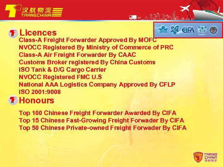 Licences Class-A Freight Forwarder Approved By MOFC NVOCC Registered By Ministry of Commerce of