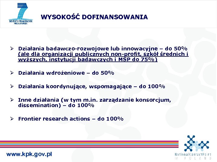 WYSOKOŚĆ DOFINANSOWANIA Ø Działania badawczo-rozwojowe lub innowacyjne – do 50% (ale dla organizacji publicznych
