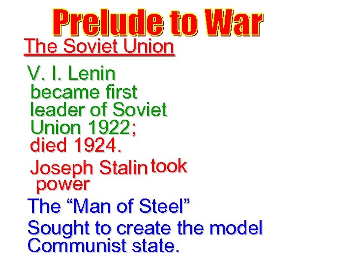 The Soviet Union V. I. Lenin became first leader of Soviet Union 1922; died