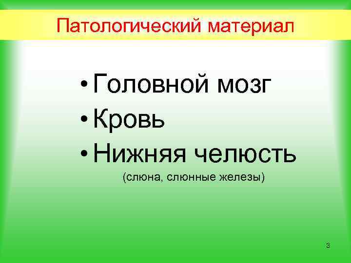 Патологический материал • Головной мозг • Кровь • Нижняя челюсть (слюна, слюнные железы) 3