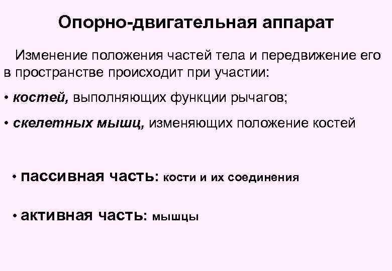 Опорно-двигательная аппарат Изменение положения частей тела и передвижение его в пространстве происходит при участии: