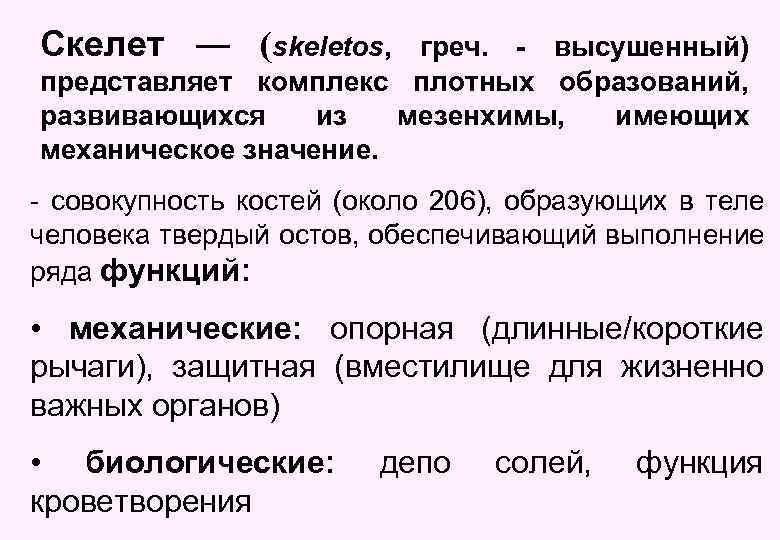 Скелет ― (skeletos, греч. - высушенный) представляет комплекс плотных образований, развивающихся из мезенхимы, имеющих