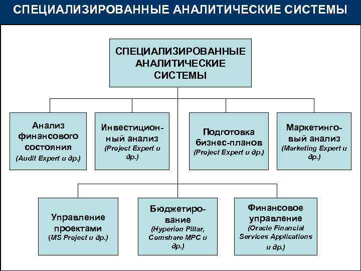 СПЕЦИАЛИЗИРОВАННЫЕ АНАЛИТИЧЕСКИЕ СИСТЕМЫ Анализ финансового состояния (Audit Expert и др. ) Инвестиционный анализ (Project