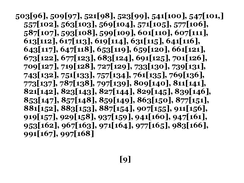 503[96], 509[97], 521[98], 523[99], 541[100], 547[101, ] 557[102], 563[103], 569[104], 571[105], 577[106], 587[107], 593[108],