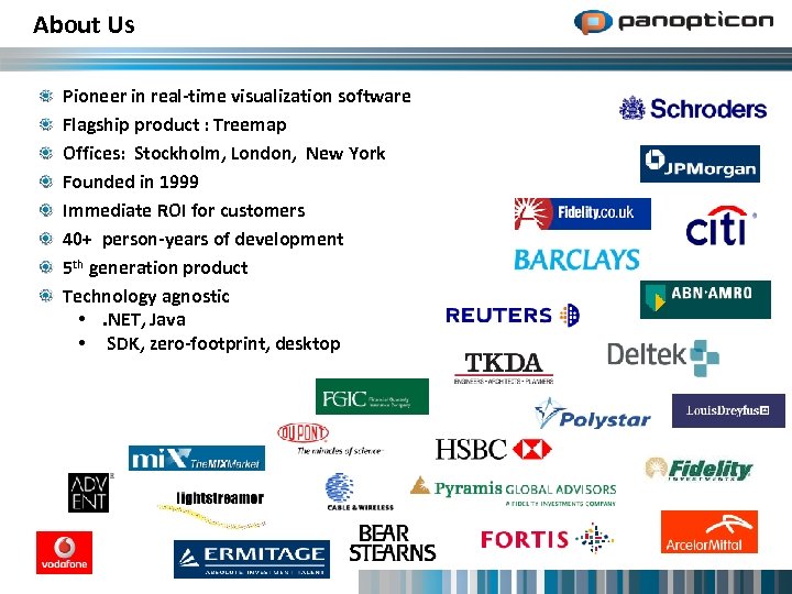 About Us Pioneer in real-time visualization software Flagship product : Treemap Offices: Stockholm, London,