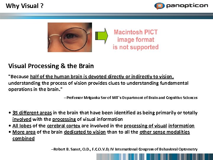 Why Visual ? Visual Processing & the Brain "Because half of the human brain