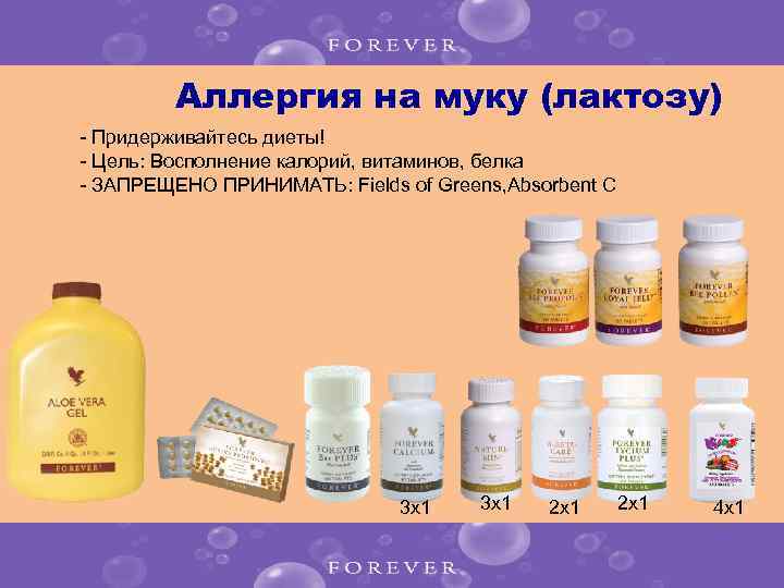 Аллергия на муку (лактозу) - Придерживайтесь диеты! - Цель: Восполнение калорий, витаминов, белка -