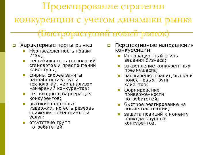 Проектирование стратегии конкуренции с учетом динамики рынка (Быстрорастущий новый рынок) p Характерные черты рынка