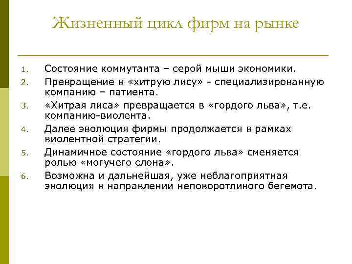 Жизненный цикл фирм на рынке 1. 2. 3. 4. 5. 6. Состояние коммутанта –