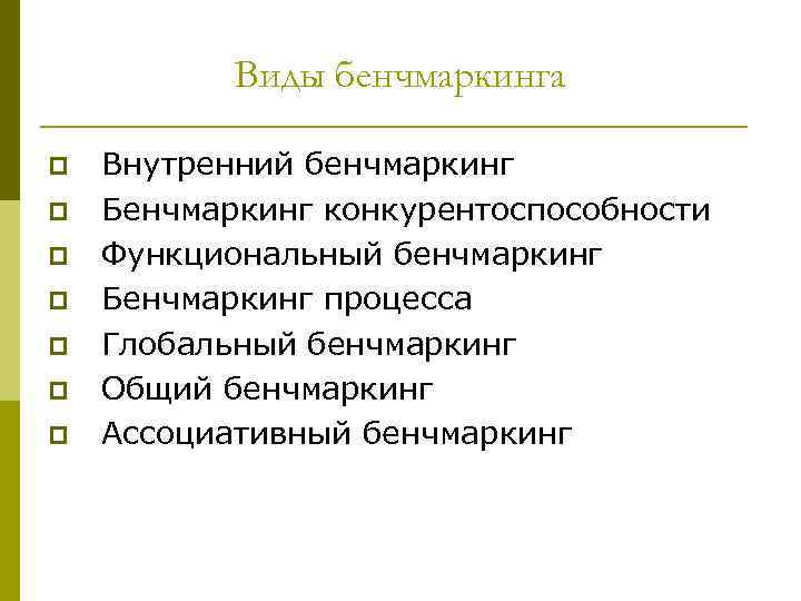 Виды бенчмаркинга p p p p Внутренний бенчмаркинг Бенчмаркинг конкурентоспособности Функциональный бенчмаркинг Бенчмаркинг процесса