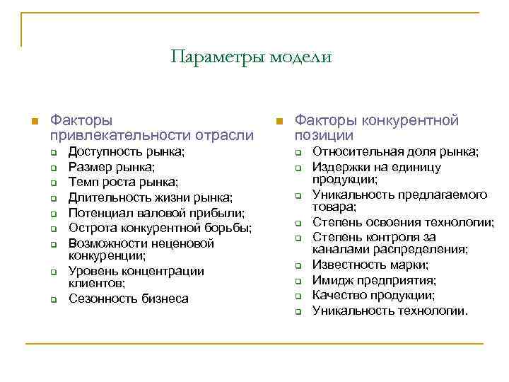 Параметры модели n Факторы привлекательности отрасли q q q q q Доступность рынка; Размер