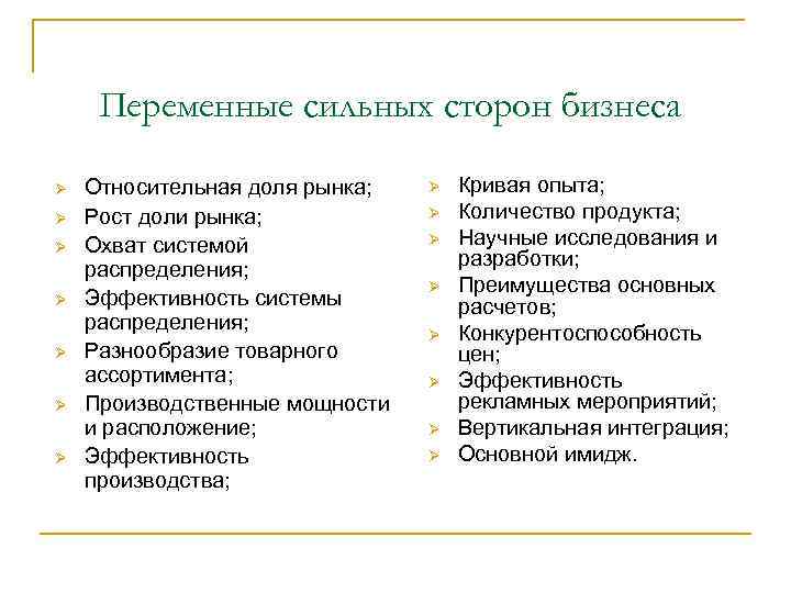 Переменные сильных сторон бизнеса Ø Ø Ø Ø Относительная доля рынка; Рост доли рынка;