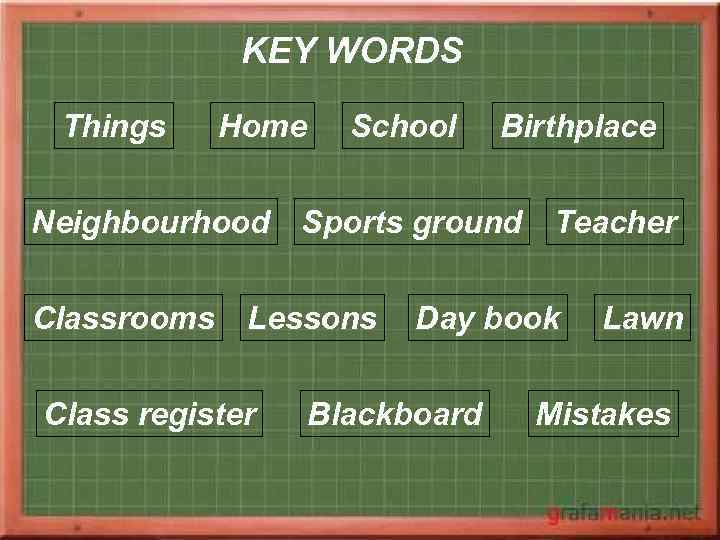 KEY WORDS Things Home Neighbourhood Classrooms School Sports ground Teacher Lessons Class register Birthplace