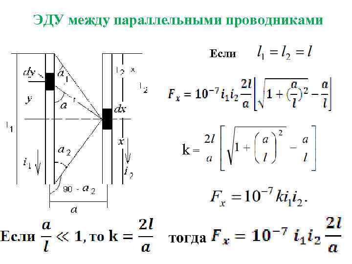 ЭДУ между параллельными проводниками Если k = тогда 