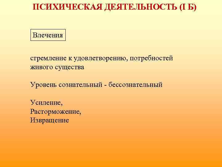 ПСИХИЧЕСКАЯ ДЕЯТЕЛЬНОСТЬ (I Б) Влечения стремление к удовлетворению, потребностей живого существа Уровень сознательный -