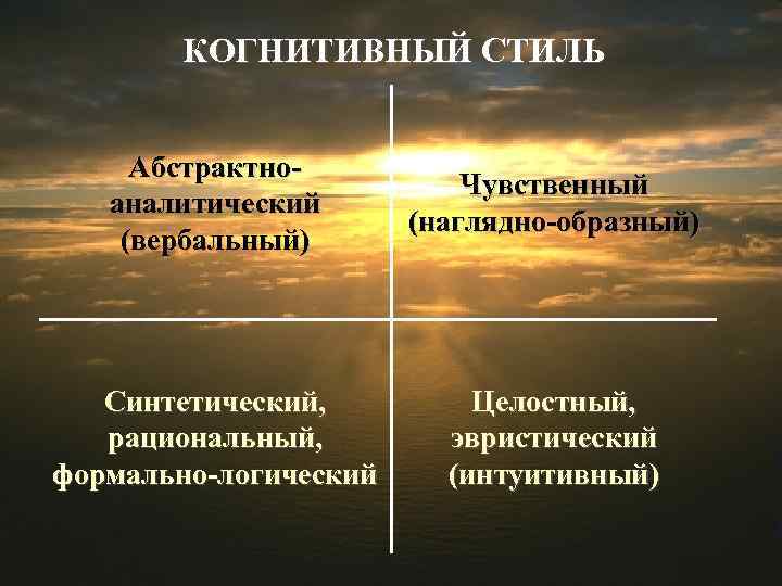 КОГНИТИВНЫЙ СТИЛЬ Абстрактноаналитический (вербальный) Чувственный (наглядно-образный) Синтетический, рациональный, формально-логический Целостный, эвристический (интуитивный) 