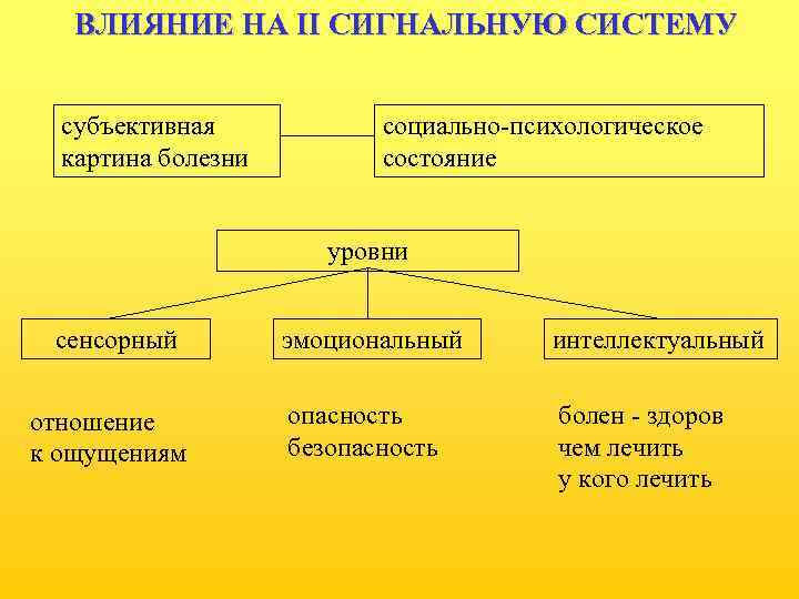ВЛИЯНИЕ НА II СИГНАЛЬНУЮ СИСТЕМУ субъективная картина болезни социально-психологическое состояние уровни сенсорный отношение к