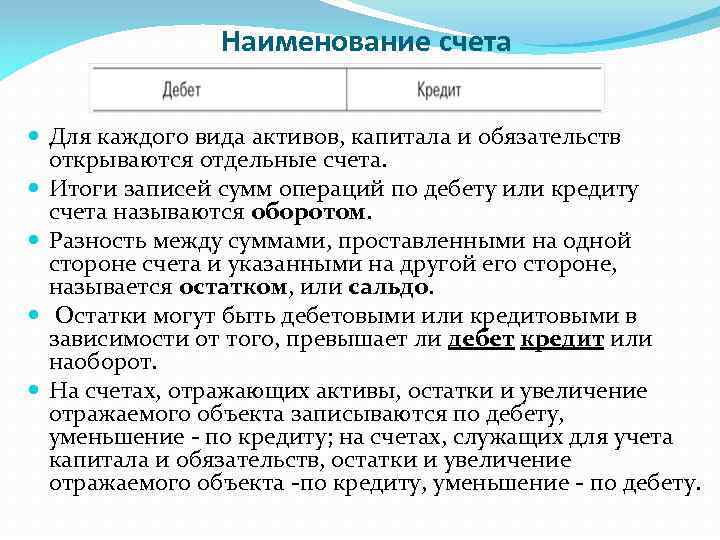 Наименование счета Для каждого вида активов, капитала и обязательств открываются отдельные счета. Итоги записей