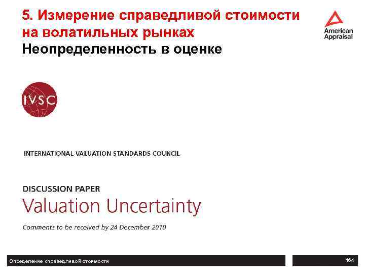 5. Измерение справедливой стоимости на волатильных рынках Неопределенность в оценке Определение справедливой стоимости 164