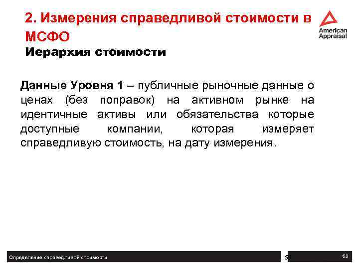 2. Измерения справедливой стоимости в МСФО Иерархия стоимости Данные Уровня 1 – публичные рыночные