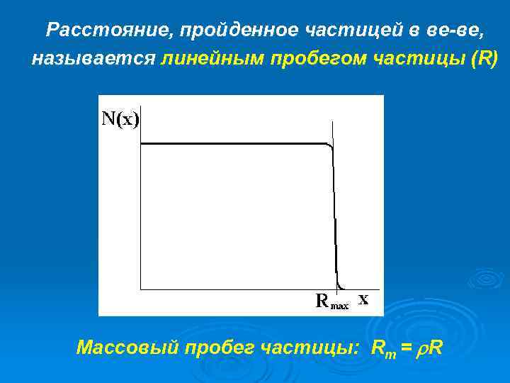 Расстояние, пройденное частицей в ве-ве, называется линейным пробегом частицы (R) Массовый пробег частицы: Rm