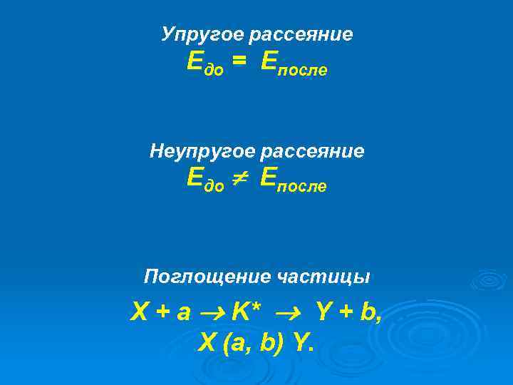 Упругое рассеяние Едо = Епосле Неупругое рассеяние Едо Епосле Поглощение частицы X + a