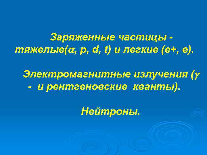 Заряженные частицы тяжелые( , p, d, t) и легкие (е+, е). Электромагнитные излучения (