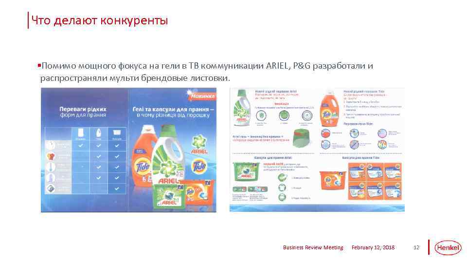 Что делают конкуренты §Помимо мощного фокуса на гели в ТВ коммуникации ARIEL, P&G разработали
