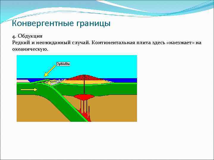 Конвергентные границы 4. Обдукция Редкий и неожиданный случай. Континентальная плита здесь «наезжает» на океаническую.