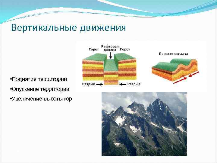 Вертикальные движения • Поднятие территории • Опускание территории • Увеличение высоты гор 