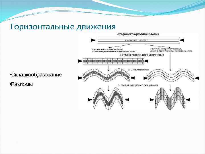 Горизонтальные движения • Складкообразование • Разломы 