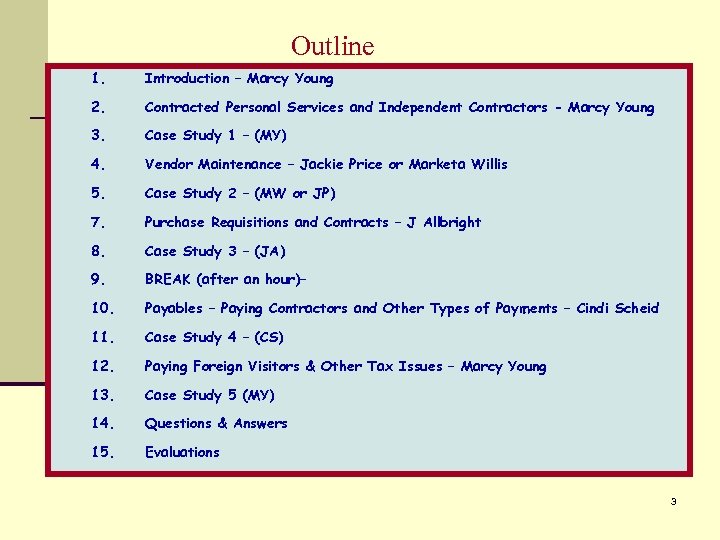 Outline 1. Introduction – Marcy Young 2. Contracted Personal Services and Independent Contractors -