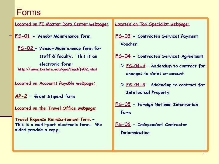 Forms Located on FI Master Data Center webpage: Located on Tax Specialist webpage: FS-01