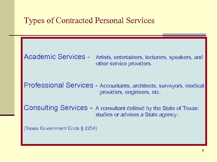Types of Contracted Personal Services Academic Services - Artists, entertainers, lecturers, speakers, and other