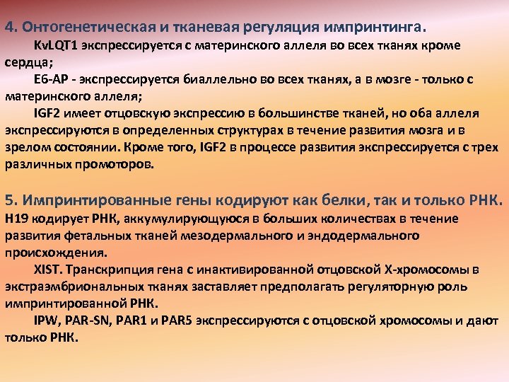 4. Онтогенетическая и тканевая регуляция импринтинга. Kv. LQT 1 экспрессируется с материнского аллеля во