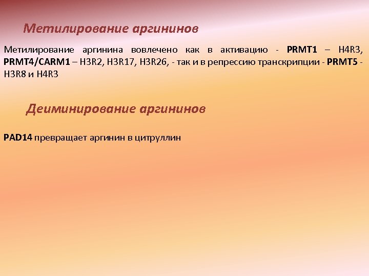 Метилирование аргининов Метилирование аргинина вовлечено как в активацию - PRMT 1 – H 4