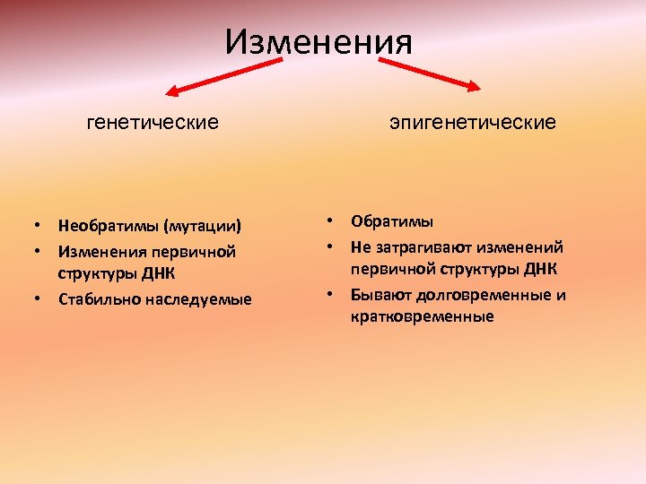 Изменения генетические • Необратимы (мутации) • Изменения первичной структуры ДНК • Стабильно наследуемые эпигенетические