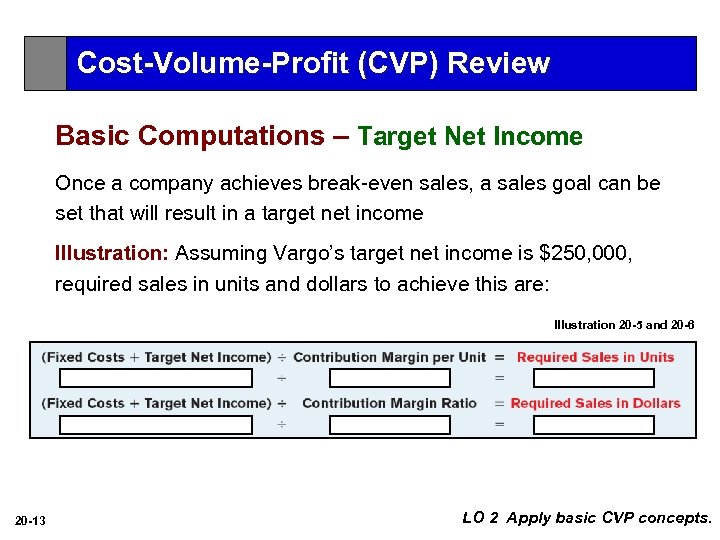 Cost-Volume-Profit (CVP) Review Basic Computations – Target Net Income Once a company achieves break-even