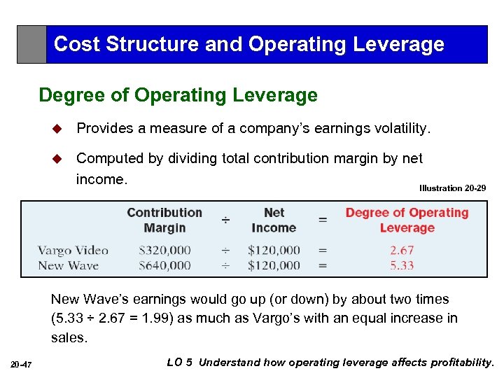 Cost Structure and Operating Leverage Degree of Operating Leverage u Provides a measure of