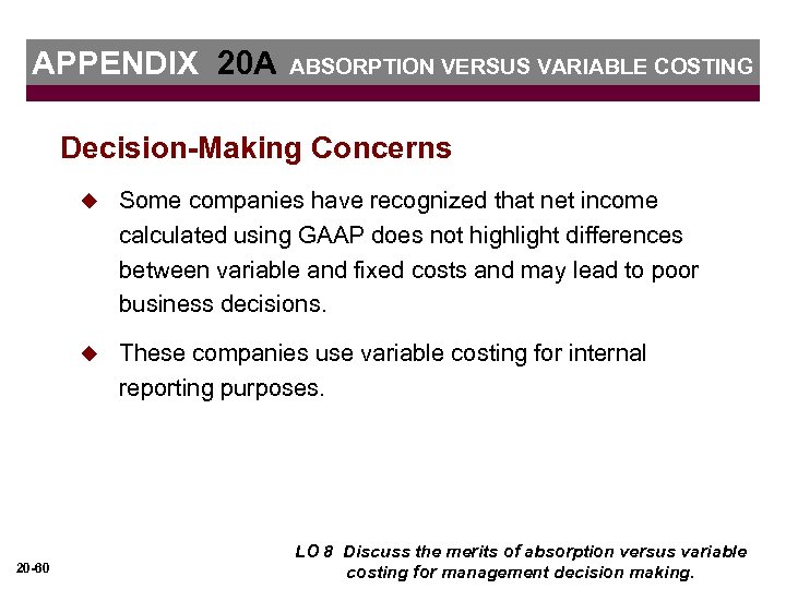 APPENDIX 20 A ABSORPTION VERSUS VARIABLE COSTING Decision-Making Concerns u u 20 -60 Some