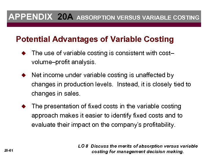 APPENDIX 20 A ABSORPTION VERSUS VARIABLE COSTING Potential Advantages of Variable Costing u u