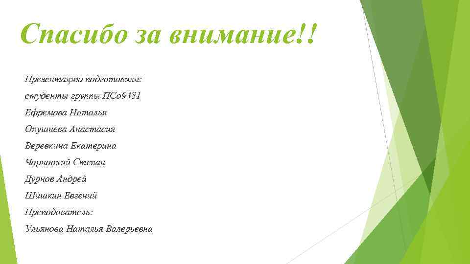 Спасибо за внимание!! Презентацию подготовили: студенты группы ПСо 9481 Ефремова Наталья Опушнева Анастасия Веревкина