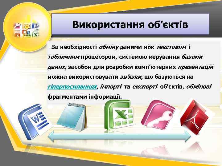 Використання об’єктів За необхідності обміну даними між текстовим і табличним процесором, системою керування базами