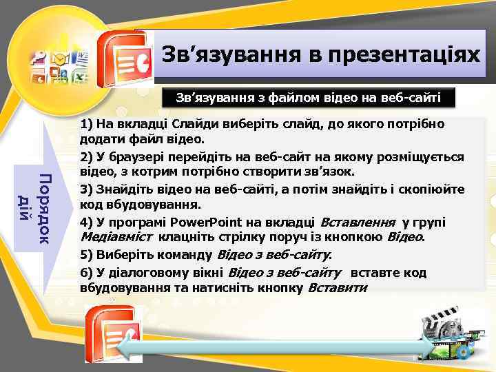 Зв’язування в презентаціях Зв’язування з файлом відео на веб-сайті Порядок дій 1) На вкладці