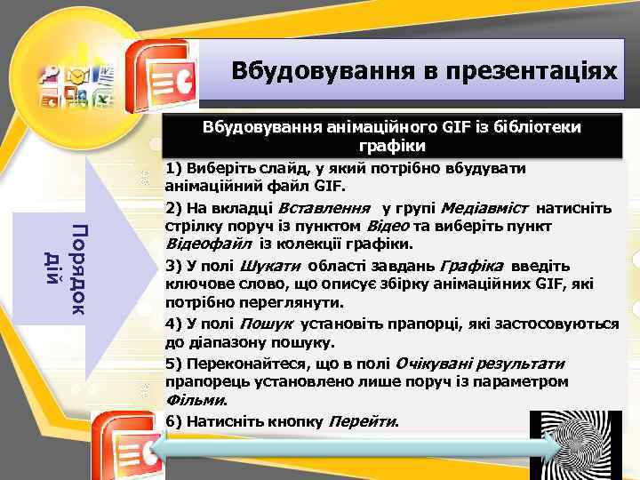 Вбудовування в презентаціях Вбудовування анімаційного GIF із бібліотеки графіки Порядок дій 1) Виберіть слайд,