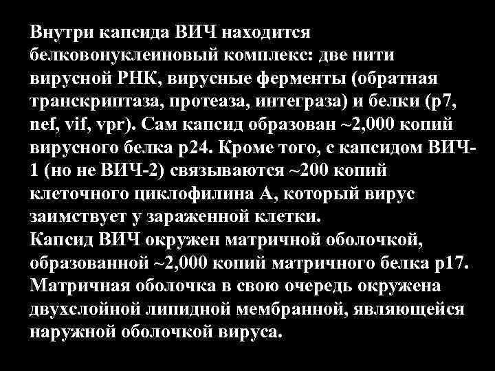 Внутри капсида ВИЧ находится белковонуклеиновый комплекс: две нити вирусной РНК, вирусные ферменты (обратная транскриптаза,