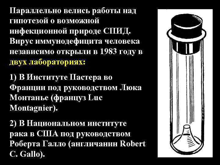 Параллельно велись работы над гипотезой о возможной инфекционной природе СПИД. Вирус иммунодефицита человека независимо