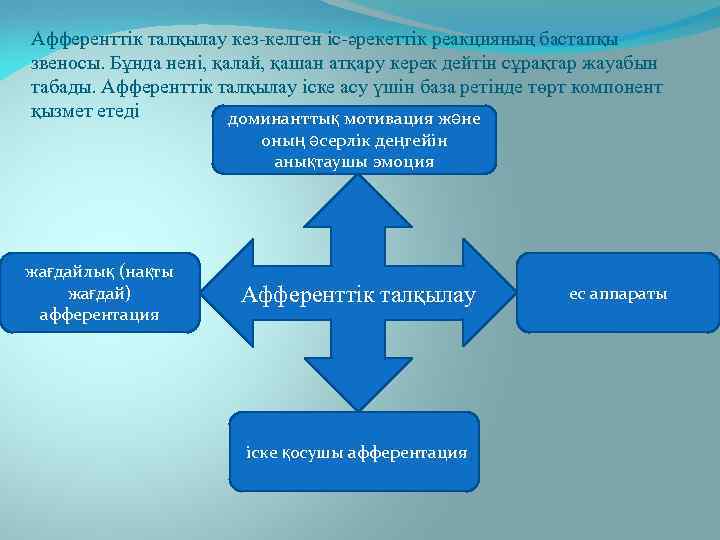 Афференттік талқылау кез-келген іс-әрекеттік реакцияның бастапқы звеносы. Бұнда нені, қалай, қашан атқару керек дейтін