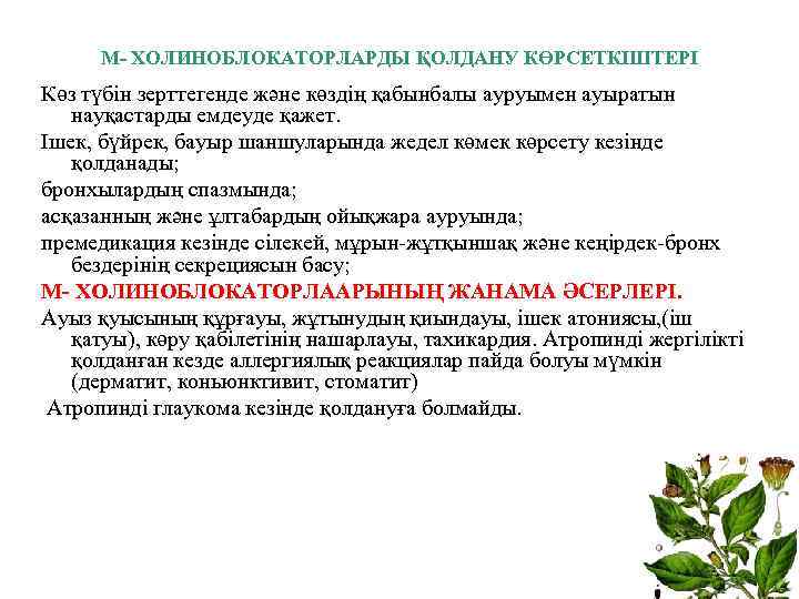 М- ХОЛИНОБЛОКАТОРЛАРДЫ ҚОЛДАНУ КӨРСЕТКІШТЕРІ Көз түбін зерттегенде және көздің қабынбалы ауруымен ауыратын науқастарды емдеуде